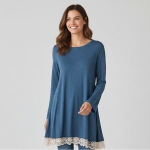 NWT. Denim Color Dress with White Lace Trim
